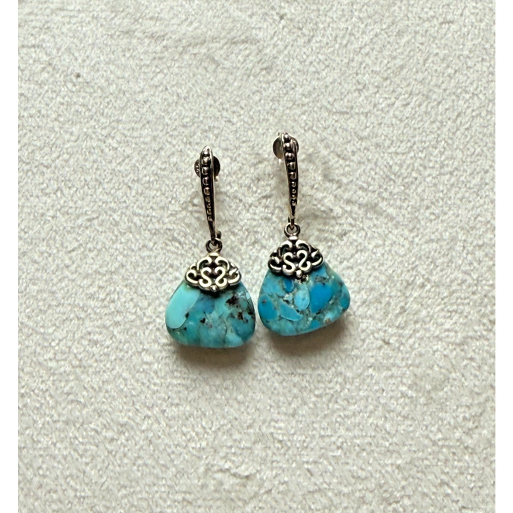Sterling Silver 925 Blue Turquoise Drop Dangle Earrings Signed BBJ Triangular